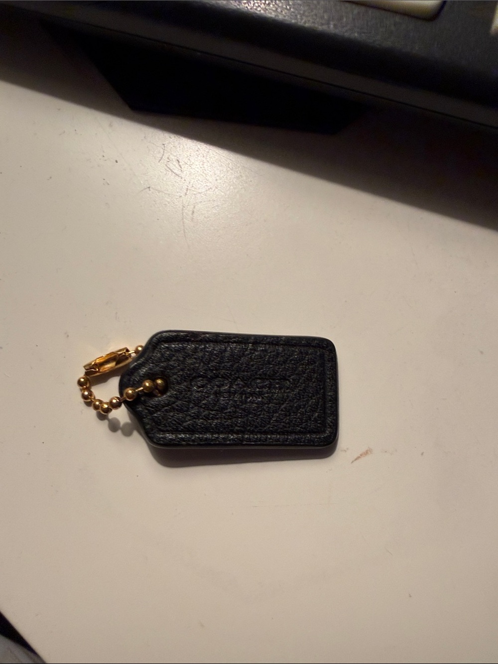 Coach Black Leather Key Tag with Gold-Tone Ball Chain